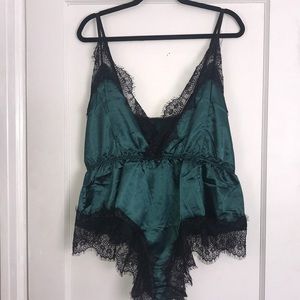 PLUS SIZE LACE TRIM SATIN TEDDY BODYSUIT
